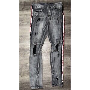 Rue 21 Gray Skinny Jeans Size 32x32 Red And White Stripe Ripped Stretchy